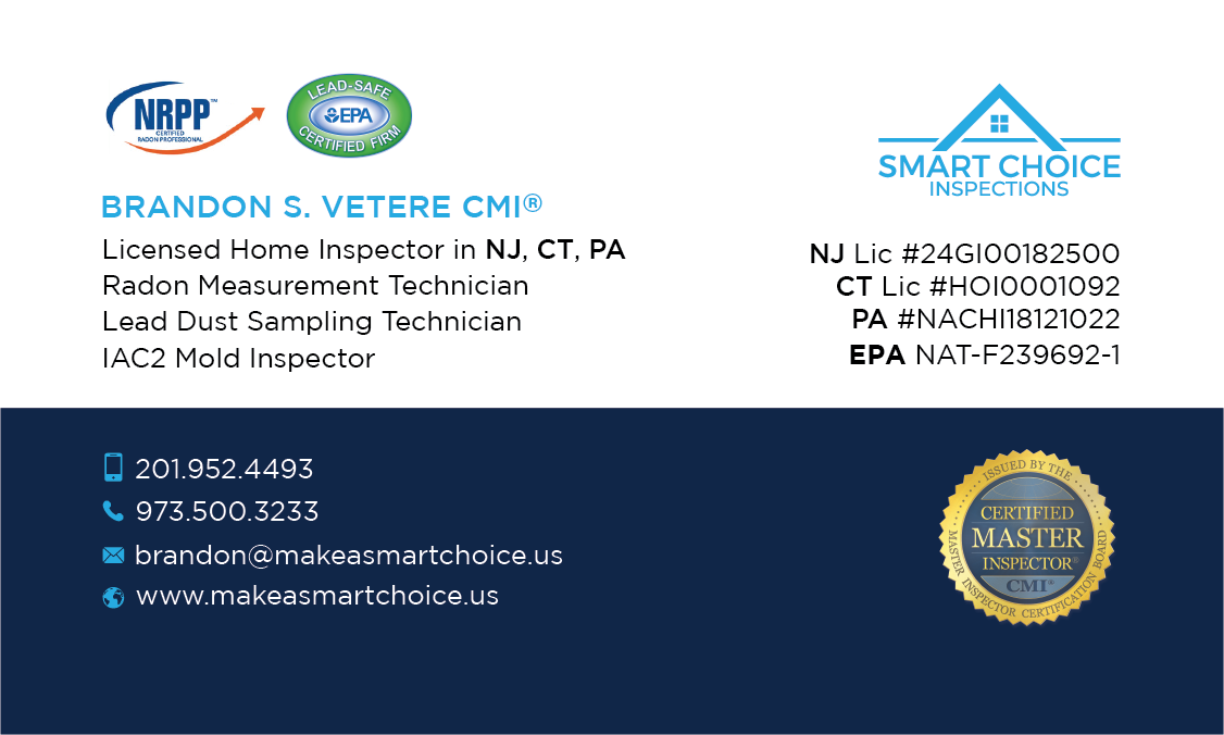 Brandon S. Vetere’s Smart Choice Inspections business card. Contact details and credentials are also listed below.